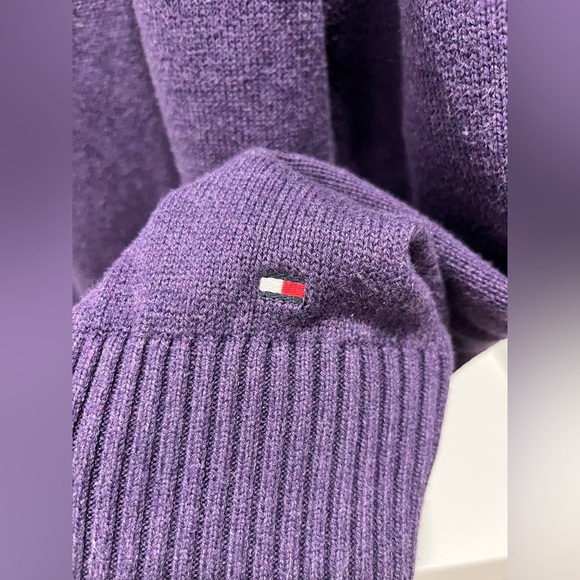 TOMMY HILFIGER Intarsia Bulldog Sweater Purple M Vintage cotton elbow patches - Picture 8 of 11